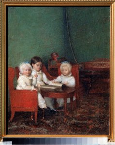Niños en un interior. Pintura anónima. Óleo sobre lienzo, 25,2 x 20,6 cm de School Russian
