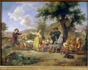 Fiestas campesinas. Pintura anónima, óleo sobre lienzo, segunda mitad del siglo XVIII. Arte ruso del siglo XVIII. Galería Estatal Tretyakov, Moscú. de School Russian