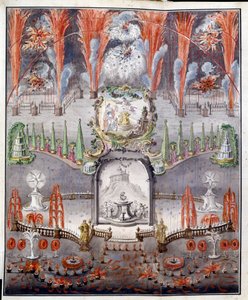 Fuegos artificiales e iluminación el 17 de septiembre de 1747 en Gostilitsy (Rusia). Obra anónima, grabado en cobre coloreado a la acuarela, mediados del siglo XVIII. arte ruso de School Russian