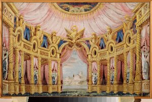 Salón con columnata. Decoración preparatoria para una obra de teatro. Obra de un maestro ruso, témpera sobre lienzo