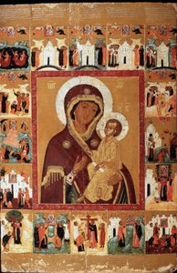 La Virgen de Tikhvin con las Maravillas (La Virgen de Tikhvin con las Maravillas). Icono ruso, principios del siglo XVII. arte ruso Museo Estatal de Arte de la República de Chuvash, Cheboksary (Chuvashia). de School Russian