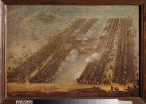 La batalla de Poltava (Pultawa) el 8 de julio de 1709. (Filas de caballería chocan durante la Gran Guerra del Norte (1700-1721), el ejército de Pedro I de Rusia (1672-1725) contra las tropas de Carlos (Karl) XII de Suecia (1682-1718) Pintura de un de School Russian