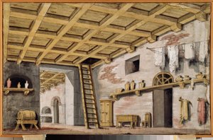 La cocina. Decoración preparatoria para una obra de teatro. Obra de un maestro ruso, hacia 1790, témpera sobre lienzo. Arte escenográfico ruso del siglo XVIII. Museo Palacio Ostankino, Moscú.