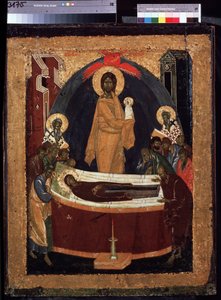 La Dormición de la Virgen. La muerte de la Virgen, tendida en un lecho, rodeada de los apóstoles, sobre ella, Cristo llevándose el alma, como un niño vestido de blanco. Pintura de Teófanes el Griego (circa 1340-circa 1410) de School Russian
