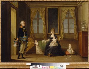 La familia Chernishoff. (La familia Chernyshov). Descripción de la vida familiar, el padre entra al cuarto donde están su esposa e hijos, uno de ellos se levanta con los brazos abiertos para recibirlo, el otro se sienta en un almohadón con sus juguetes esp
