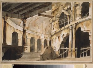La prisión. Decoración preparatoria para una obra de teatro. Obra de un maestro ruso, hacia 1790, acuarela sobre papel. Arte escenográfico ruso del siglo XVIII. Museo Palacio Ostankino, Moscú. de School Russian