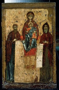 ""La Virgen de las Cuevas"" Ícono Ruso. Pintura sobre madera de 1288. Galería Estatal Tretyakov, Moscú de School Russian