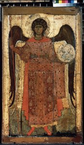 ""El arcángel San Miguel"" Ícono ruso. Pintura sobre madera. Alrededor de 1300. Galería Estatal Tretyakov, Moscú de School Russian
