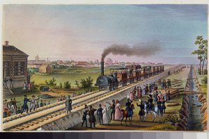 La llegada del primer tren de San Petersburgo a Tsarskoye Selo, 30 de octubre de 1837. Obra de un maestro ruso, acuarela sobre papel de School Russian