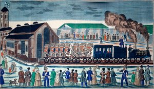 Salida desde la terminal ferroviaria de Moscú hacia San Petersburgo. (Tropas militares transportadas en un tren a vapor). Obra de un maestro ruso, acuarela y tinta sobre papel de School Russian