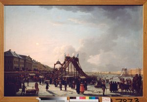 Los ocho grandes (la montaña rusa) en el Neva de San Petersburgo. (Tobogán efímero para la temporada de invierno). Pintura de un maestro ruso, óleo sobre lienzo.