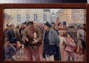 El mercado de animales en la Plaza Trubnaya de Moscú. (La multitud entre jaulas y vendedores de mascotas). Obra de un maestro ruso, óleo sobre lienzo, segunda mitad del siglo XIX. Museo Literario Central del Estado, Moscú.