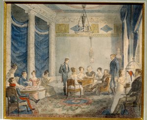 El salón de la familia Olenin en Priyutino (Rusia). (El Salón De La Familia Olenin En Priyutino). Encuentro artístico y literario, en la residencia de Alexei (Aleksin) Nikolaevich Olenin (1778-1836), erudito y estadista, cerca de San Petersburgo, cuya f de School Russian