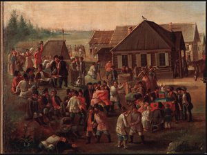 Fiestas públicas en el pueblo de Alexeevskoye. Pintura de un maestro ruso, óleo sobre lienzo, mediados del siglo XIX. Galería Estatal Tretyakov, Moscú.