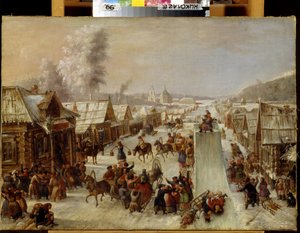 Mardi Gras (Carnaval). Escenario de fiestas tradicionales y regocijos populares en una calle nevada de un pequeño pueblo con casas de madera. Se ha dispuesto una pista de trineo y los habitantes beben y se saludan alegremente. pintura anonima, de School Russian