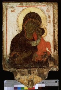 ""Nuestra Señora (Nuestra Señora) de la Ternura"" o ""Virgen Eleusa (Eleousa)"" Ícono ruso. Pintura sobre madera de finales del siglo XIV principios del siglo XV. Museo Estatal Ruso San Petersburgo de School Russian