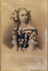 Retrato de la bailarina rusa Elena Andreyanova (Andrianova) (1819-1857). (Bailarina de ballet Elena Andreyanova). Litografía en color de un artista ruso