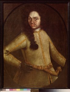 Retrato de un hombre con el uniforme de los reclutas del regimiento de Pierre I (1672-1725). Pintura anónima, óleo sobre lienzo, principios del siglo XVIII. arte ruso Museo Estatal de Cerámica y Hacienda del siglo XVIII. Kuskovo, Moscú.