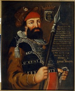Retrato del líder cosaco, conquistador y explorador de Siberia, Yermak Timofeyevich (nacido entre 1532 y 1542-1585) (Retrato del líder cosaco y conquistador de Siberia, Yermak Timofeyevich). Pintura anónima, óleo sobre lienzo de School Russian