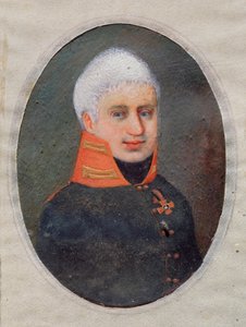 Retrato del poeta Anton A. Delvig (Delwig) (1798-1831). (en uniforme militar). Obra de un maestro ruso, acuarela y gouache sobre cuerno, hacia 1800. Arte ruso del siglo XIX. Museo Estatal de Arte, Tula (Rusia).