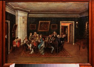 Recepción de noche. (Escenario de la vida cotidiana, familiares y amigos reunidos en torno a la mesa del comedor). Pintura de un maestro ruso, óleo sobre lienzo, mediados del siglo XIX. Museo Literario Central del Estado, Moscú. de School Russian