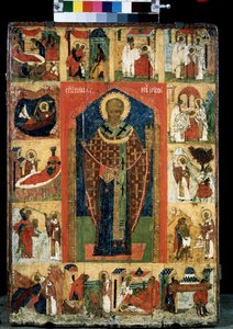 Retablo de la vida de San Nicolás de Myre o Bari (270-345). icono ruso. Pintura sobre madera de finales del siglo XV. Galería Estatal Tretyakov, Moscú de School Russian