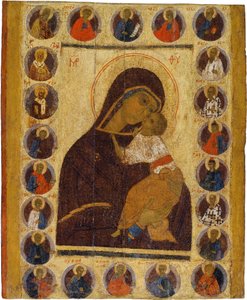 Icono ruso: Nuestra Señora de la Ternura con santos seleccionados de School Russian
