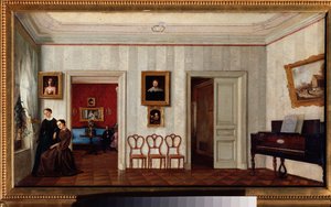 Una pequeña habitación con un piano. (Y dos mujeres mirando por la ventana). Pintura de un maestro ruso, óleo sobre lienzo, mediados del siglo XIX. Galería Estatal Tretyakov, Moscú.