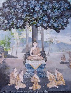 Fresco que representa una escena de la vida de Buda, templo Wat Phra That Doi Suthep (fresco) de School Thai
