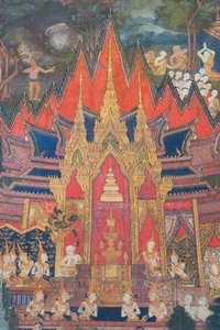 Murales en la capilla de Budaisawan que representan a Indra descendiendo de los cielos poco después de la cremación de Buda arrebatando la reliquia más valiosa, un diente escondido en el moño del brahmán. de School Thai