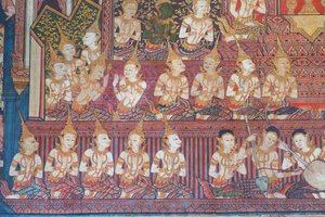 Murales en la capilla de Buddhaisawan que representan las celebraciones de la boda real de los padres del Bodhisattva, el rey Suddhodana del clan Sakya y la princesa Mahamaya. de School Thai