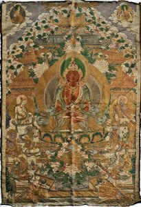 Amitabha (buda de la tierra pura) - Pintura tibetana, pigmentos y oro sobre tela, finales del siglo XIX, 74x51 cm - (Buda Amitayus Thangka, cultura tibetana, Pigmentos y oro sobre tela, finales del siglo XIX) - Colección privada de School Tibetan