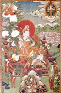 Rey de Tíbet Sung-Tsen-Gampo del siglo VII. Thangka tibetano, Musée Guimet, París de School Tibetan
