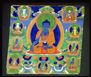 Pintura Thangka mostrando al Buda de la Medicina, Bhaishajyaguru (Menla) Tibetano