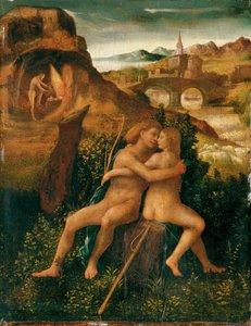 Venus y Marte en un paisaje fluvial con Vulcano trabajando en su fragua, c.1500 (óleo sobre tabla) de School Venetian