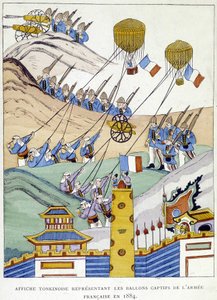 Póster tonkinés que representa los globos cautivos del ejército francés en 1884 de School Vietnamese