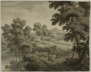 Paisaje a la italiana con castillo, árboles y agua en primer plano de School of Nicolas Poussin