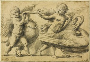 Putti jugando con cisnes