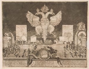 Fuegos artificiales en Moscú el 1 de enero de 1704 con motivo de la captura de la fortaleza sueca Nyenskans, 1705