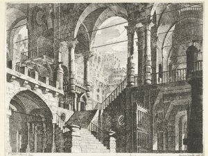 Edificio con arcos de medio punto y columnas
Caprici di Scene Teatrali (título de la serie) de Scipione Daretti