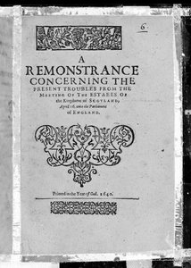 Página de Título de Una Remonstrancia sobre los problemas actuales de la reunión de los estados del Reino de Escocia, publicado 1640 (papel impreso) de Scottish School