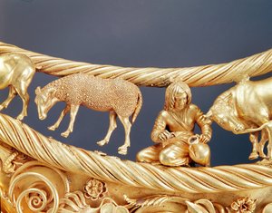 Ordeño de oveja, detalle de un pectoral de oro de Tovsta Mohyla, escita, siglo IV a.C.