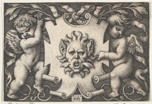 Una máscara en un escudo soportado por dos genios, 1544 de Sebald Beham