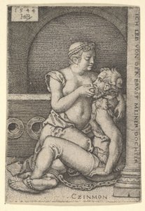 Cimón sentado contra una columna a la derecha, amamantando de Pero que está arrodillada junto a él, 1544 de Sebald Beham