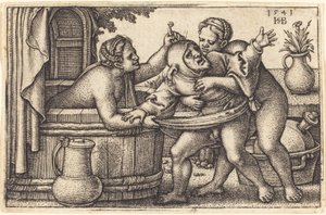 Payaso y Dos Mujeres Bañándose de Sebald Beham