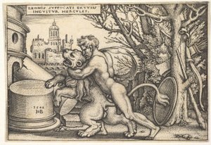 Hércules, de perfil, matando al león de Nemea con su brazo alrededor de su cuello, de 