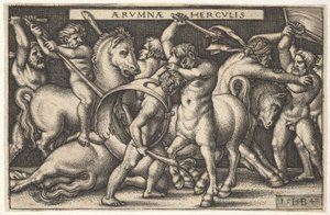 Hércules con su garrote luchando contra un centauro, otros hombres luchando contra centauros a la izquierda, 1542 de Sebald Beham