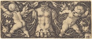 Ornamento con armadura y dos genios