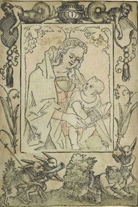 La Virgen y el Niño rodeados por un borde con un cazador y algunos conejos, siglo XVI de Sebald Beham