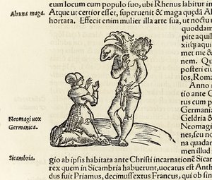 Una bruja invoca a un demonio de tres cabezas, de la edición de 1550 de 